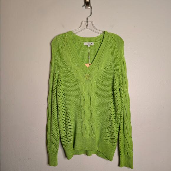 NEW Pearl By Lela Rose Cable V-Neck Sweater XS Pistachio Green Classic Layering - Picture 1 of 9
